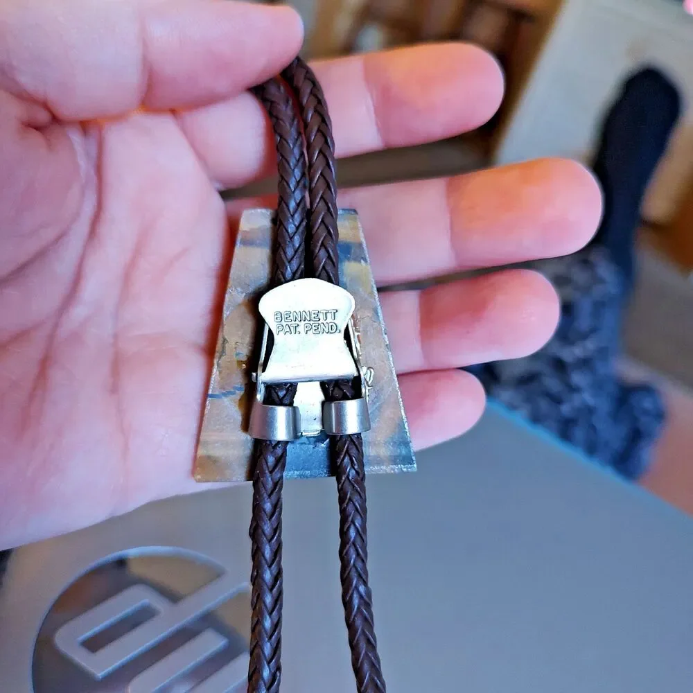 VTG Bennett Western Bolo Tie Brown Braided Leather TigerTiger Eye Gemstone Slide